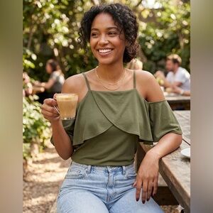 Alya | Green Asymmetrical Ruffled Cold Shoulder Top | Sz L